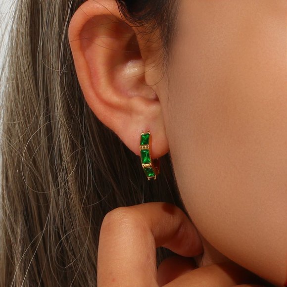 Green Zircon Small Hoop Earrings Bamboo Shape 18K Gold Plated Stainless Steel - Picture 3 of 9